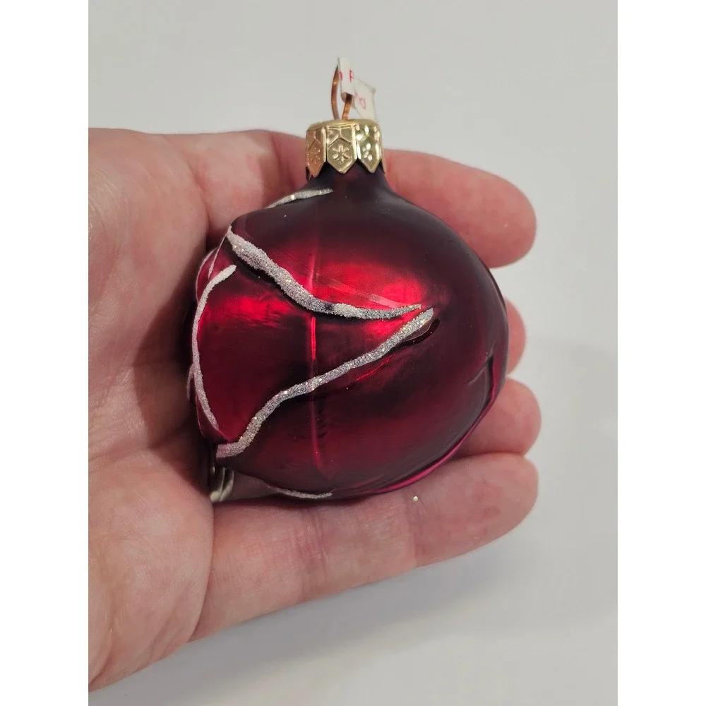 Poland Glass Rose Bud Christmas Ornament Burgundy Red Silver Glitter Floral 2in